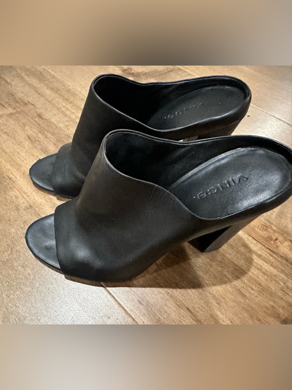 Vince Black Leather Mule Heels 7.5 Open Toe Slide Sandals Block Heel Minimalist